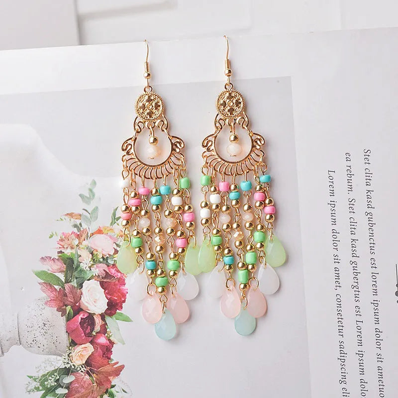 Acrylic Waterdrop Bead Tassel Long Earrings Jewelry