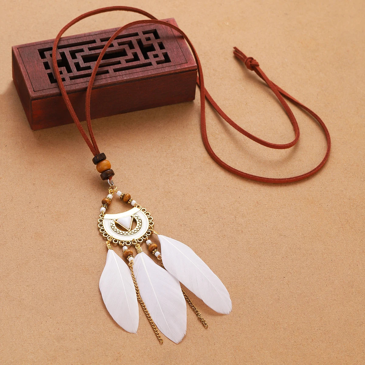 Rope Bead Feather Pendant Long Necklace Jewelry