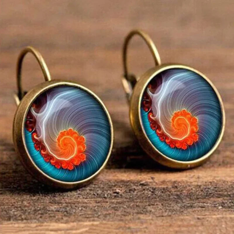 Vintage Flower Pattern Round Drop Earrings, Bohemian Boho Jewelry