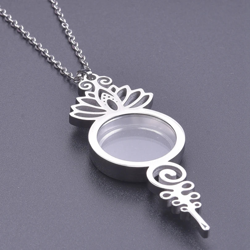 Retro Lotus Flower Photo Locket Pendant Necklace, Vintage Relicario Keepsake Talisman