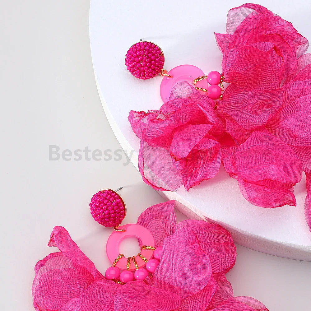 Acrylic Bead Yarn Petal Long Dangle Earrings Jewelry
