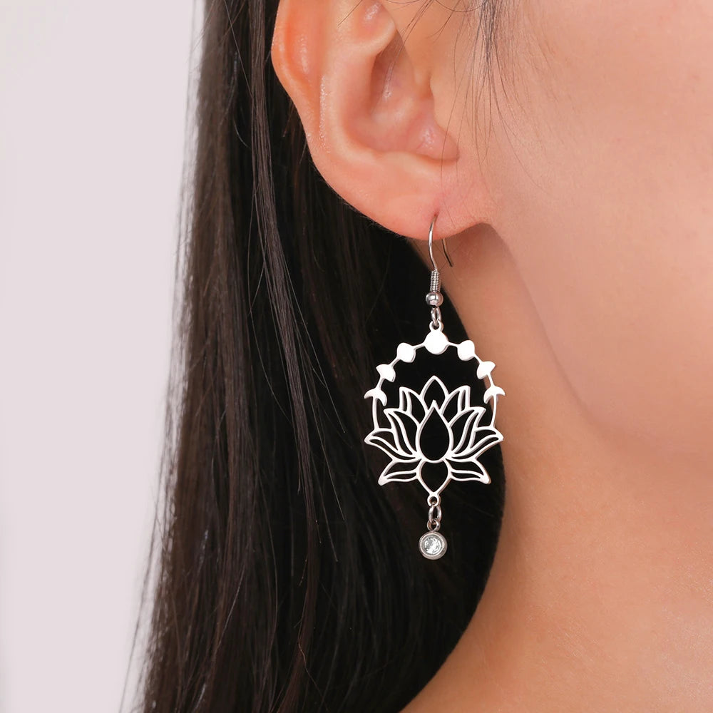 Moon Phase Lotus Dangle Earrings
