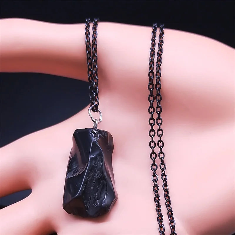 Black Obsidian Irregular Natural Stone Necklace Boho Stainless Steel Black Sweater Chain Fashion Necklaces Lucky Jewelry NDD16 - Charlie Dolly