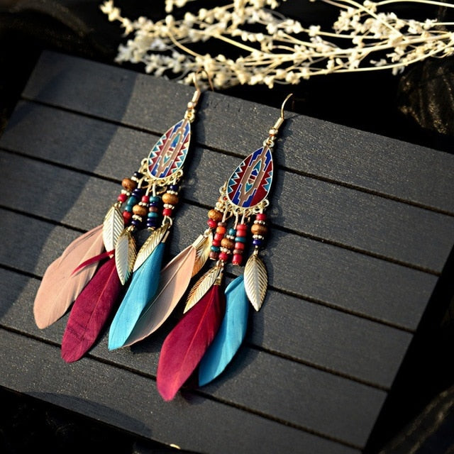 Vintage Bohemian Ethnic Style Earrings Long Rice Bead Tassel Earrings FOR WOMEN Alloy Dripping Oil Long Tassel Earrings - Charlie Dolly