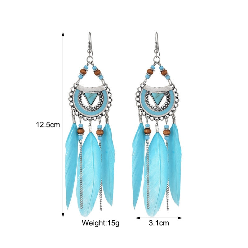 Vintage Bohemian Long Tassel Chain Feather Earrings For Women Boho Geometric Triangle Blue Stone Bead Handmade Wedding Earrings