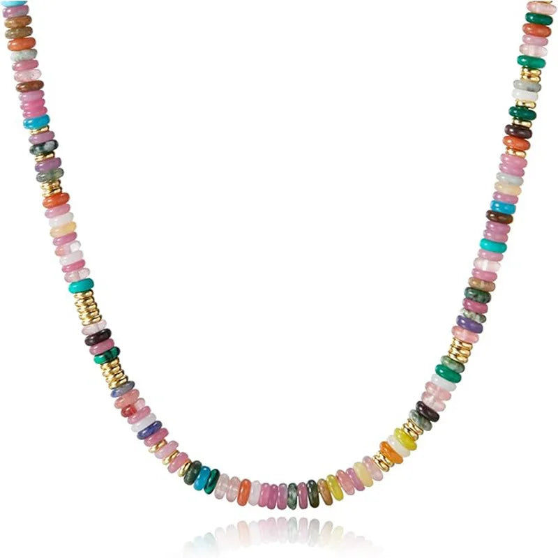 Colorful Boho Natural Stone Surfer Beach Choker 6mm Beaded Gemstone Necklace for Women 14K Gold Plated Handmade Jewelry - Charlie Dolly