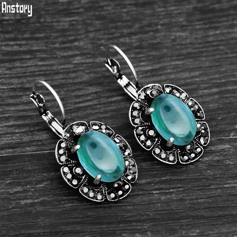 Vintage Plumflower Natural Lapis Lazuli Rhinestone Earrings For Women Tibetan Silver Plated Natural Stone Tiger Eye Earring - Charlie Dolly