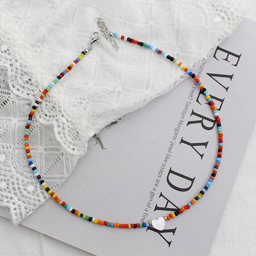 Polymer Clay Heart and Natural Shell Bead Boho Choker