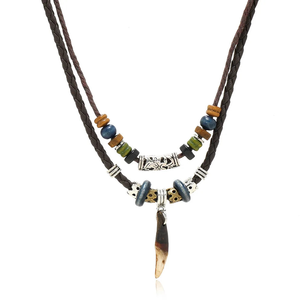Braided Leather Cross Teeth Pendant Necklace Jewelry