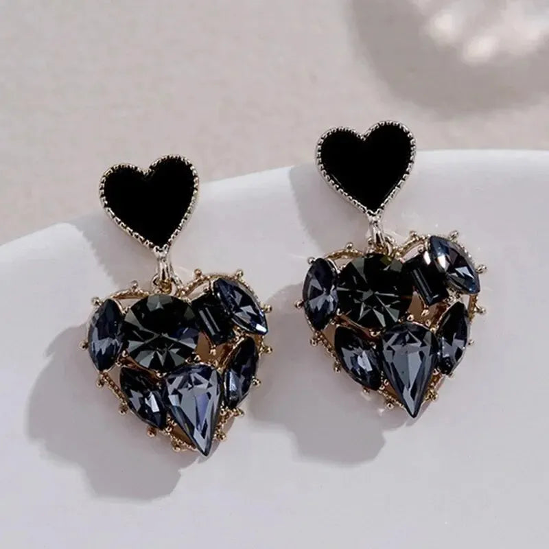 Gray Stone Heart Dangle Earrings, Carved Korean Style Evening Boho Jewelry