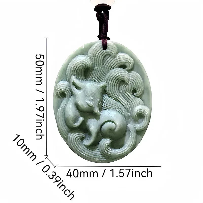 Dark Green Jade Dragon Fox & Owl Pendant Necklace, Carved Amulet Zodiac Talisman