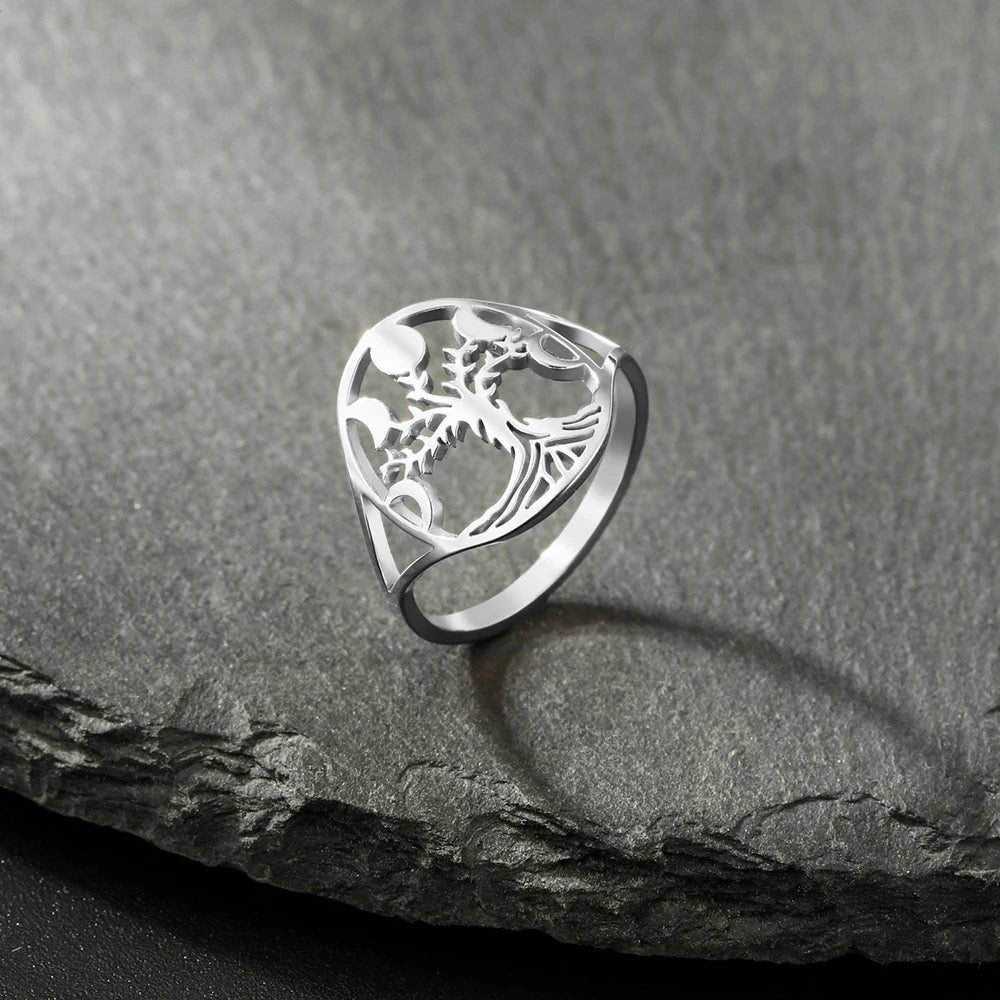 Moon Phase Tree of Life Ring, Stainless Steel