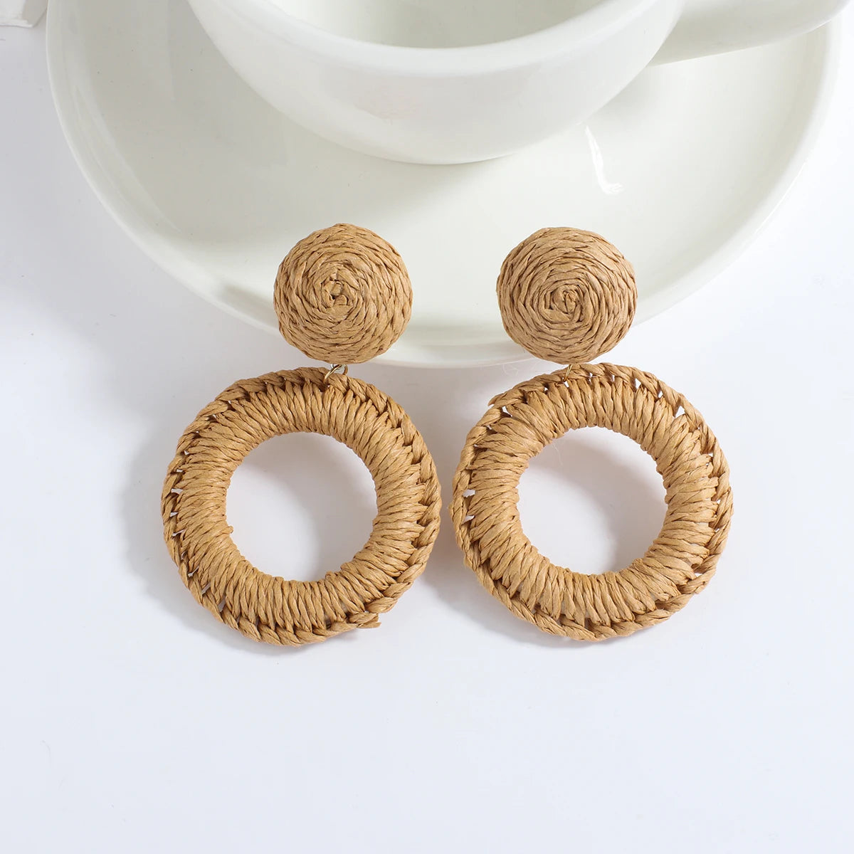Wooden Rattan Braid Geometric Drop Earrings Jewelry