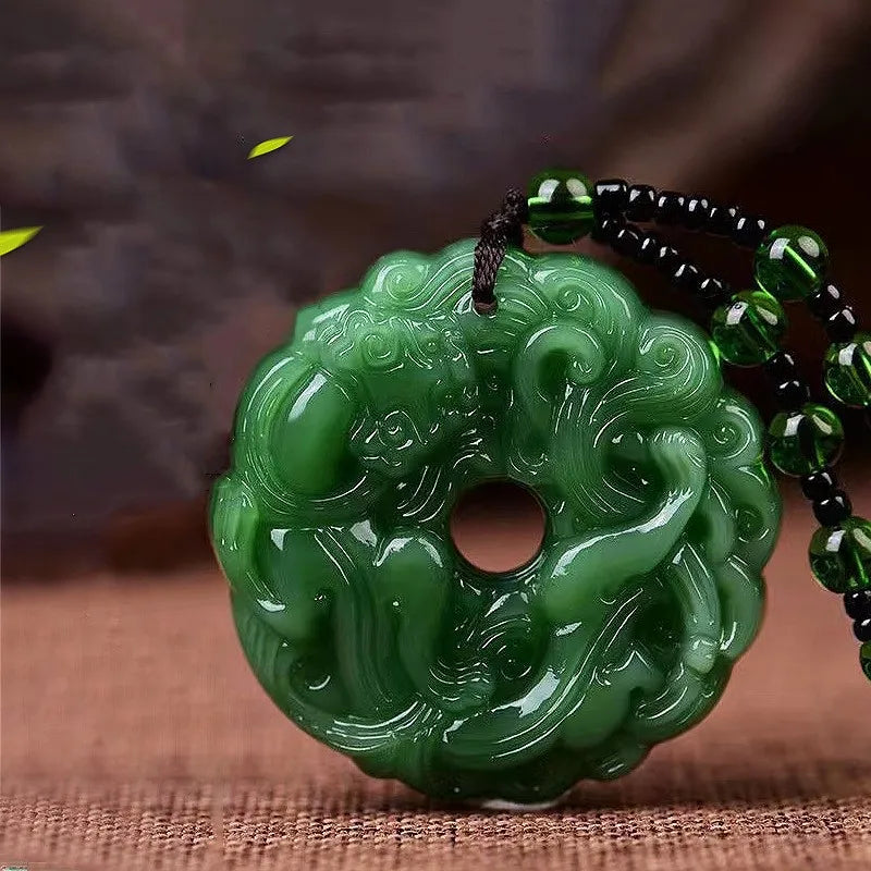 Hand-Carved Green Jade Dragon Pendant Necklace, Chinese Lucky Amulet