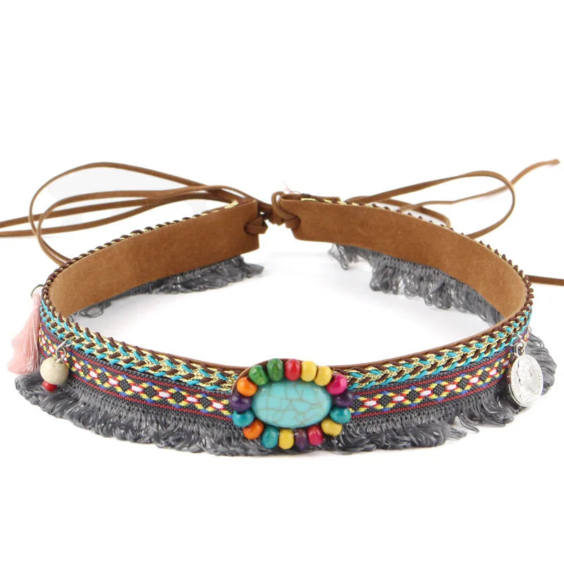 Turquoise Bead Cotton Tassel Choker Necklace Jewelry