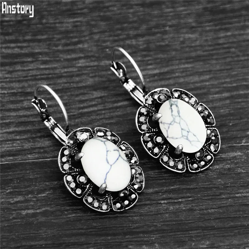 Vintage Plumflower Natural Lapis Lazuli Rhinestone Earrings For Women Tibetan Silver Plated Natural Stone Tiger Eye Earring - Charlie Dolly