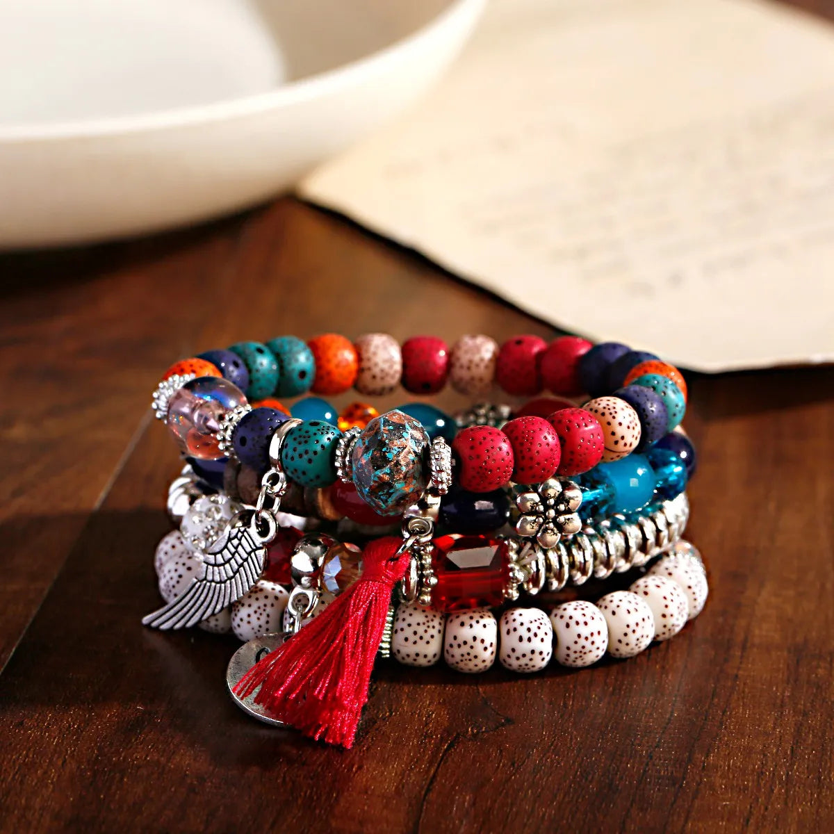 New Bohemian White Beads Tassel Bracelets Set Women Natural Lava Stone Alloy Wing Pendant Charm Bangle Boho Jewelry - Charlie Dolly