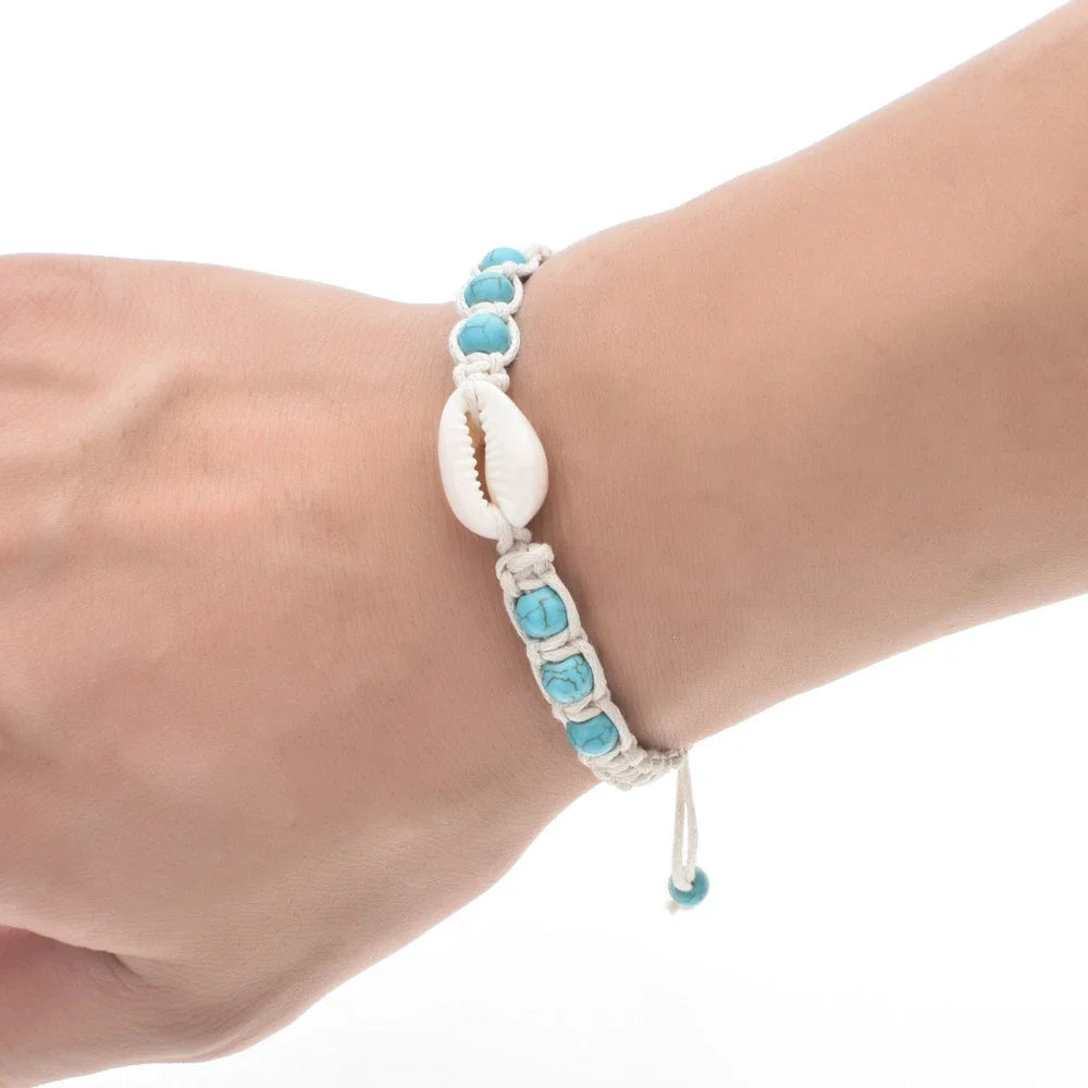 Starfish Shell and Turquoise Woven Wax Rope Bracelet
