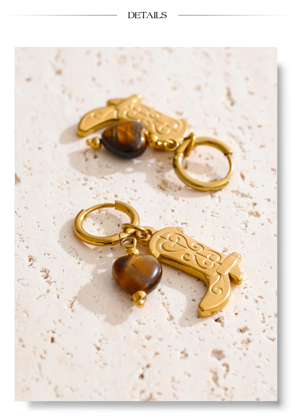 Natural Tiger Stone Boot Charm Drop Hoop Earrings, Stainless Steel Vintage Jewelry