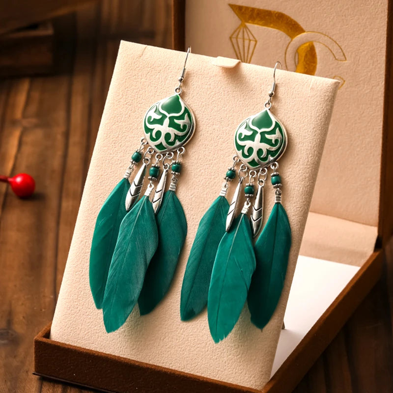 Green Enamel Feather Crystal Drop Earrings Jewelry
