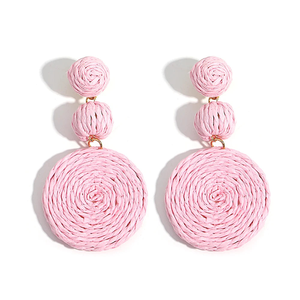 Yellow Raffia Knit Round Drop Earrings Jewelry