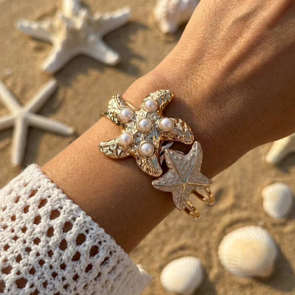 Starfish and Shell Enamel Bangle Bracelet