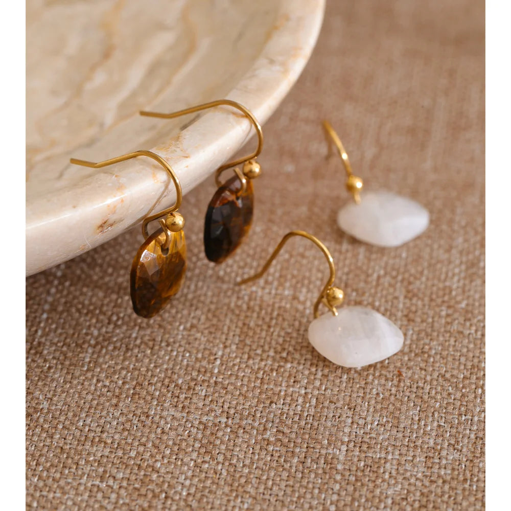 Natural Stone Square Drop Earrings, Tiger Eye Agate 14K Gold-Plated Stainless Steel Jewelry