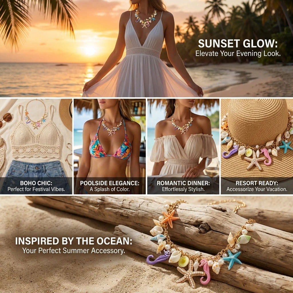 Starfish, Conch and Seahorse Exaggerated Chain Choker