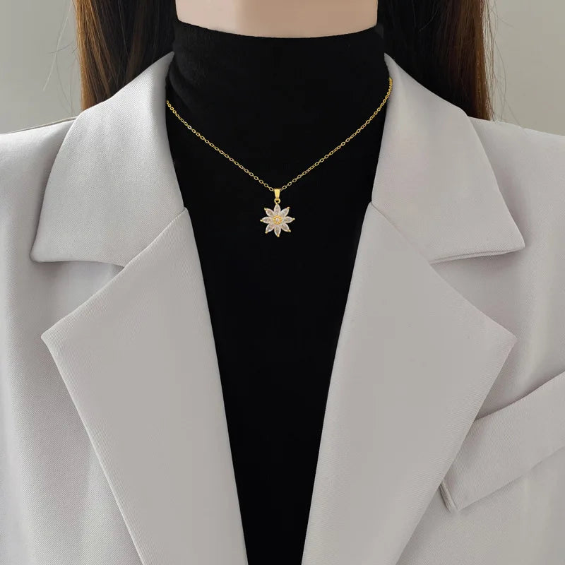 White Crystal Petal Lotus Flower Bud Pendant Necklace, Stainless Steel Waterproof Chain