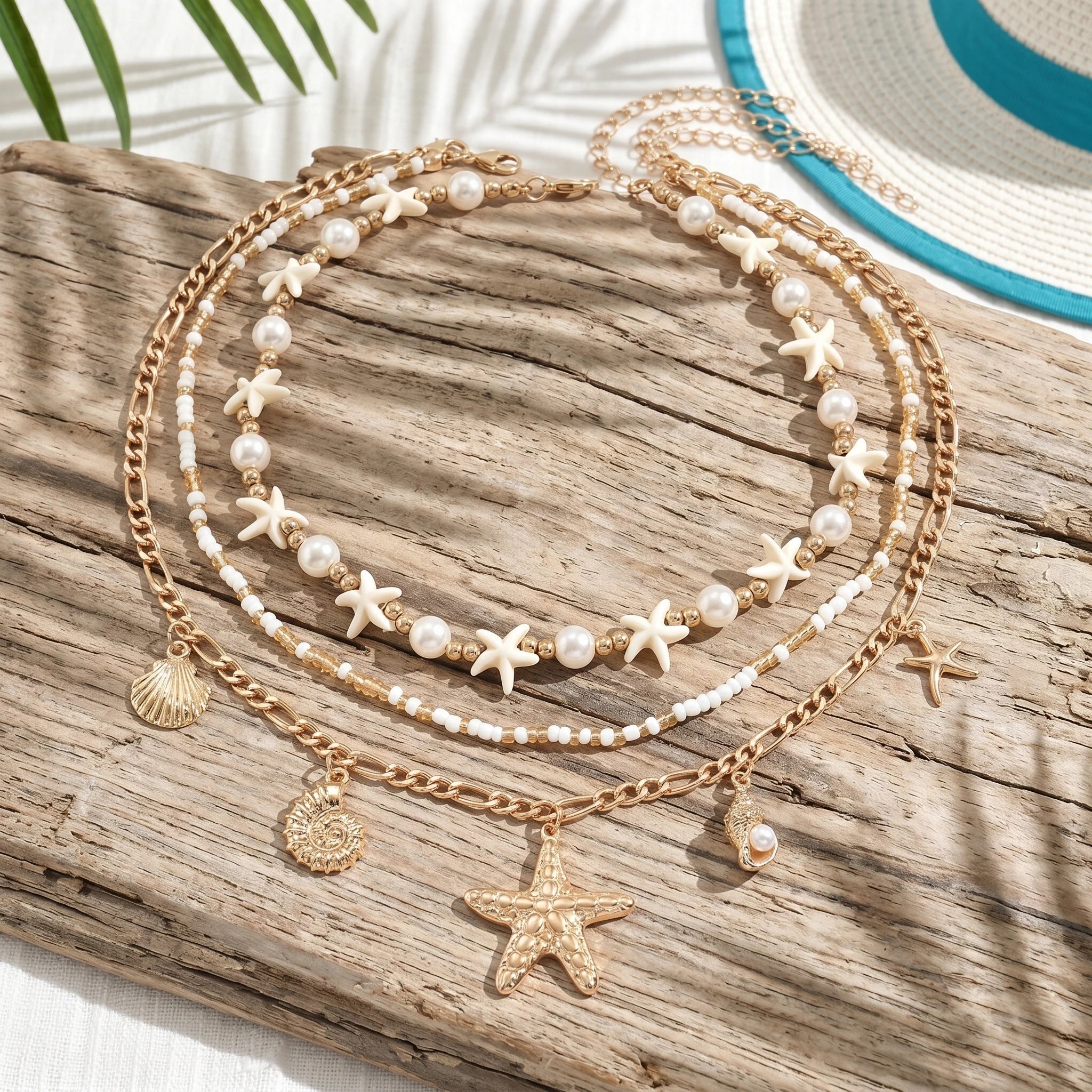 Starfish Shell Faux Pearl Layered Necklace Jewelry
