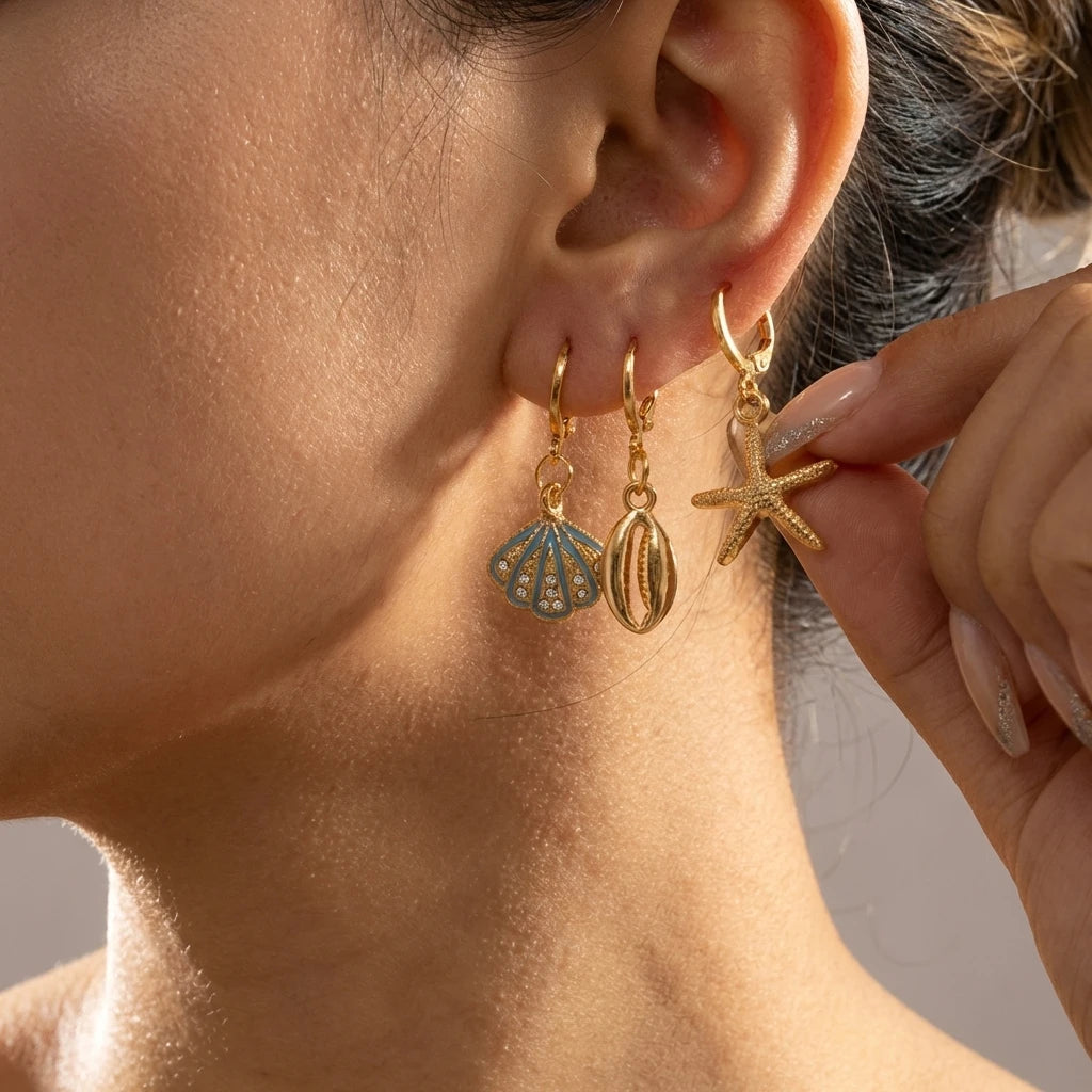 Starfish, Scallop and Pearl Boho Earring Set (6 Pieces)