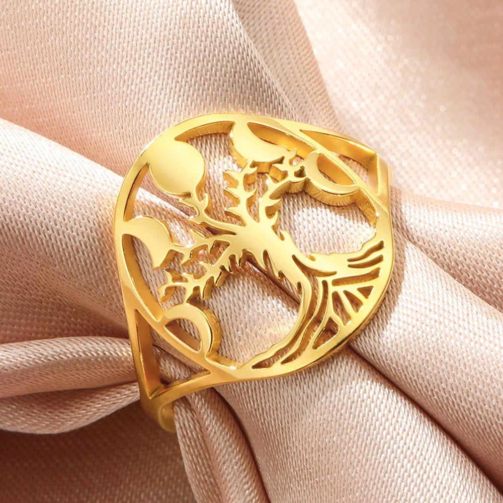 Moon Phase Tree of Life Ring, Stainless Steel