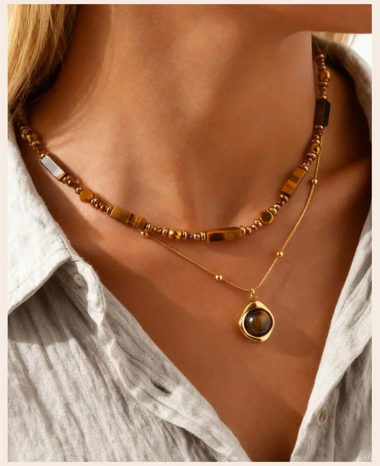 Natural Tiger Eye Necklace for Women, Boho Beaded Pendant Layered Collarbone Chain with Irregular Stone Jewelry - Charlie Dolly