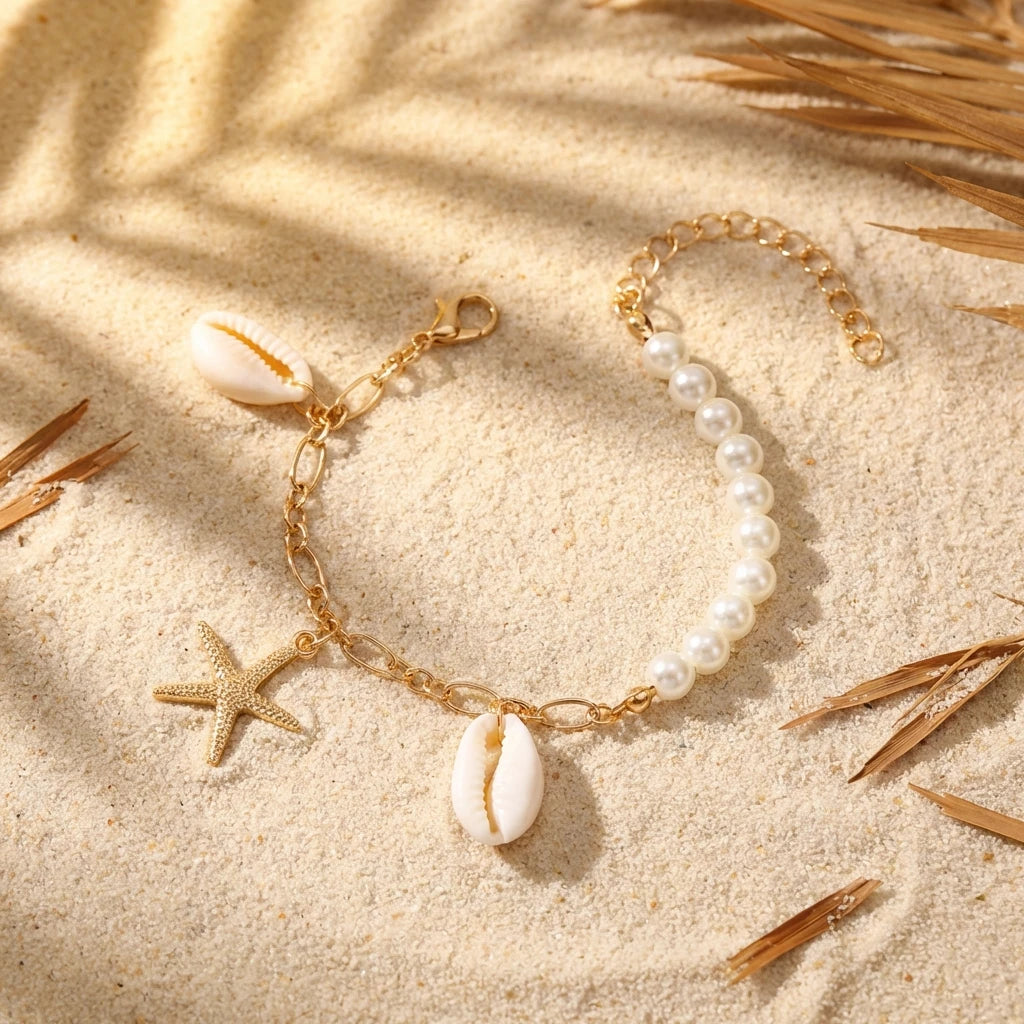 Cowrie Shell and Starfish Charm Boho Bracelet