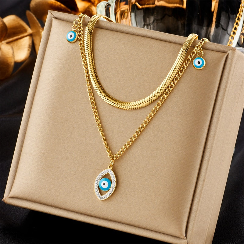 DIEYURO 316L Stainless Steel Butterfly Moon Lock Blue Eyes Pendant Necklace For Women Multilayer Choker Chain Jewelry Gifts - Charlie Dolly