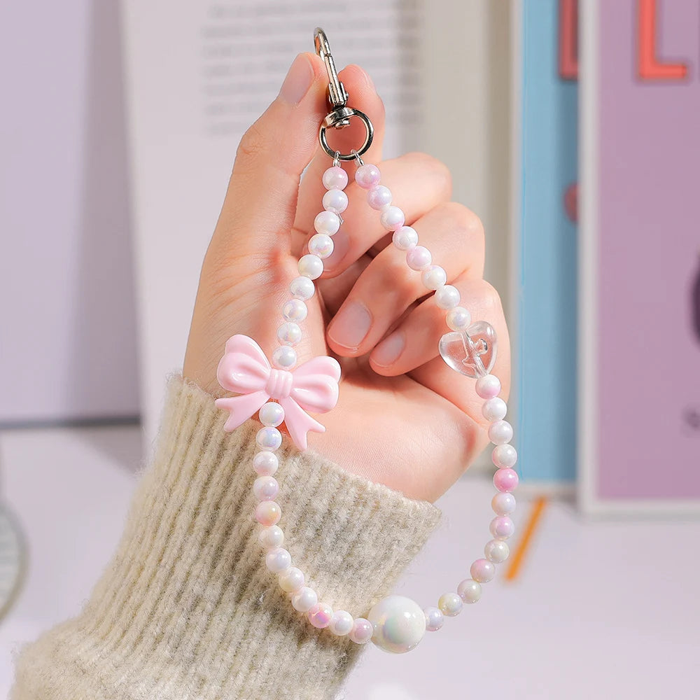 Pink Butterfly, Pearl and Bow Phone Strap Wrist Chain