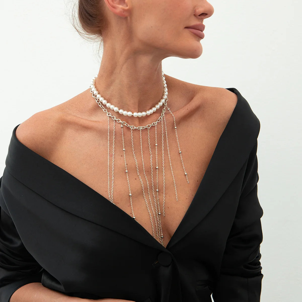 Round Bead Pearl Tassel Multilayer Necklace Jewelry