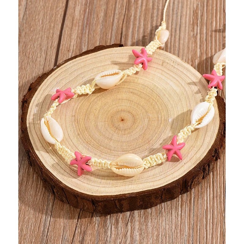 Cowrie Shell Boho Choker with Blue Starfish Beads
