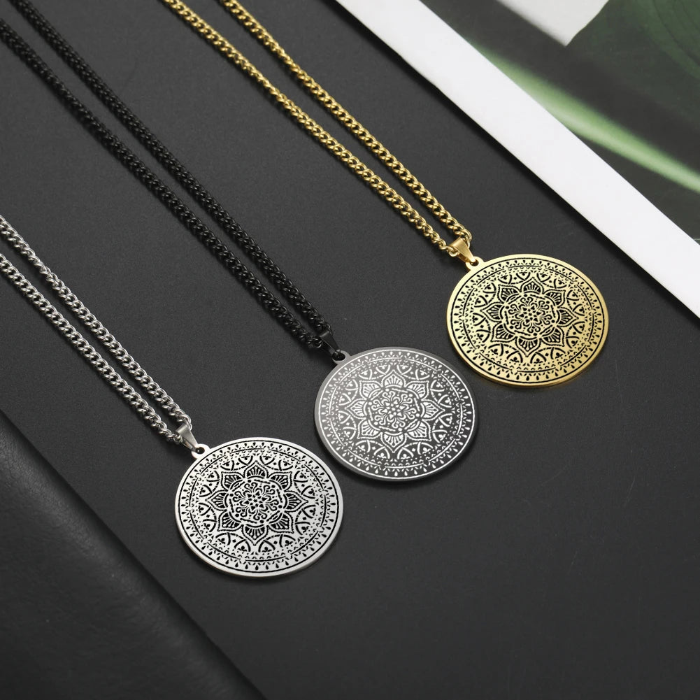Lotus Chakra Mandala Pendant Necklace, Stainless Steel Buddhist Hindu Meditation Amulet