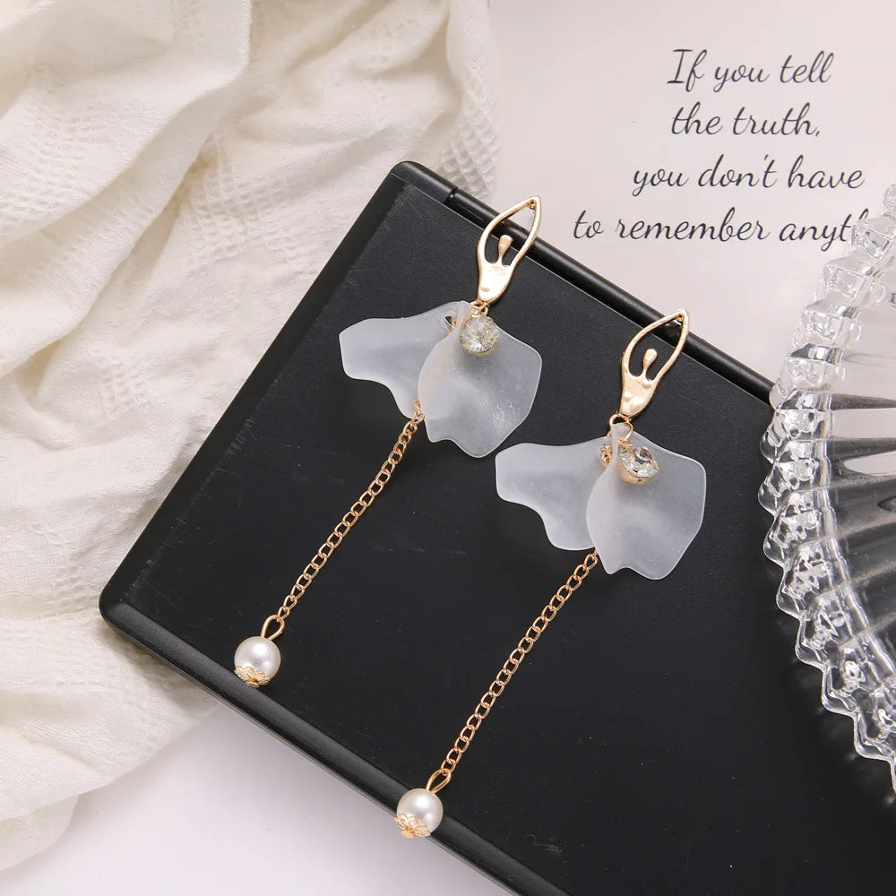 White Flower Crystal Long Drop Earrings Jewelry