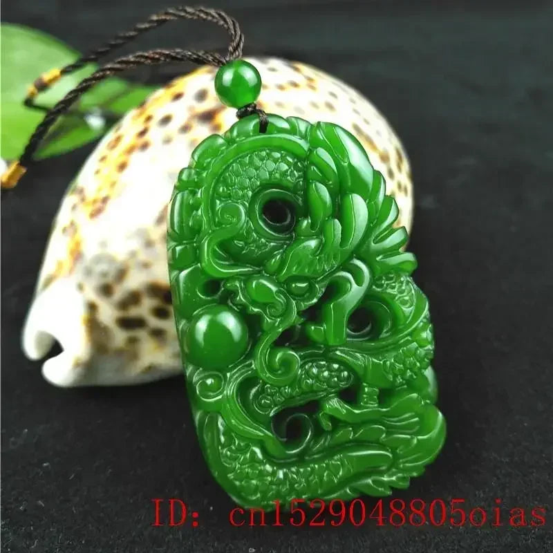 Green Hetian Jade Dragon Pendant, Natural Jasper Lucky Amulet Necklace
