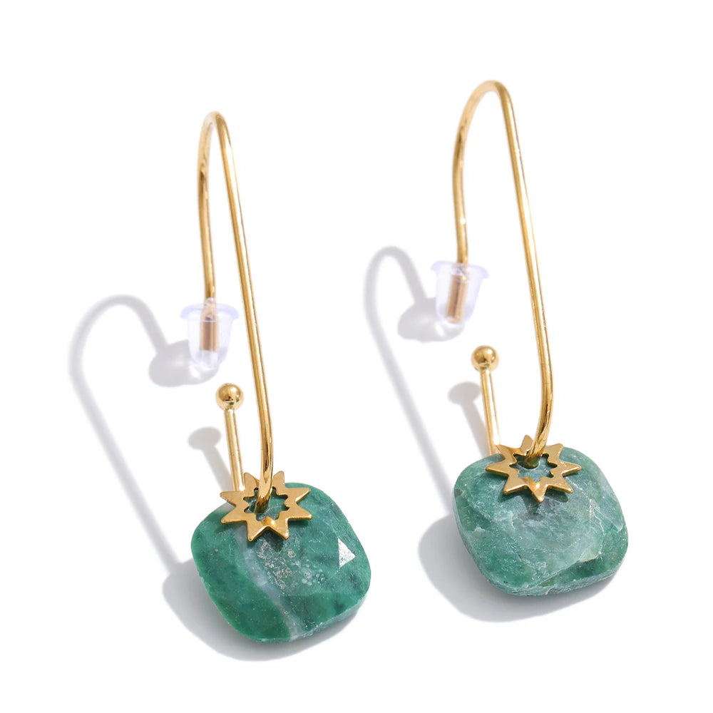 Natural Stone Square Drop Earrings, Tiger Eye Agate 14K Gold Waterproof Stainless Steel Jewelry
