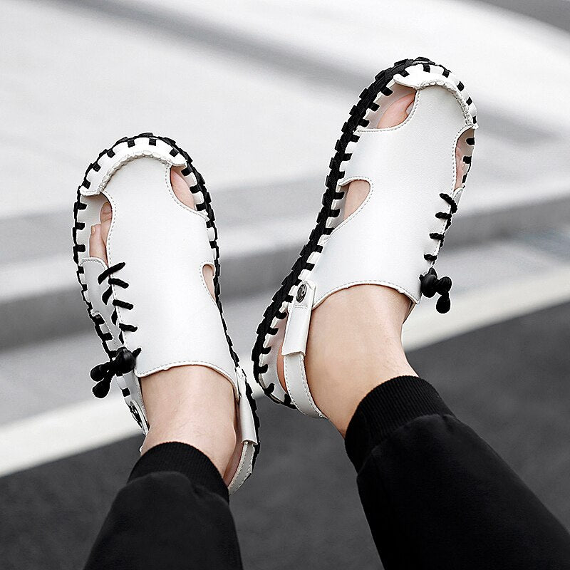 All-match Summer Leather Beach Shoes Comfy Leather Mens Sandals Non-slip Beach Sandals Breathable Soft Flats Male Slippers