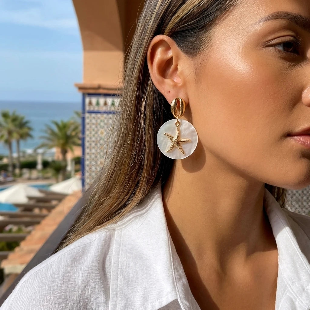 Tropical Cowrie Shell and Pearl Starfish Drop Earrings