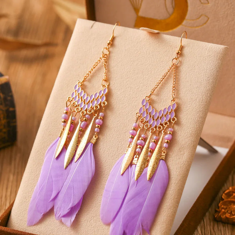 Feather Colorful Bead Long Tassel Earrings Jewelry