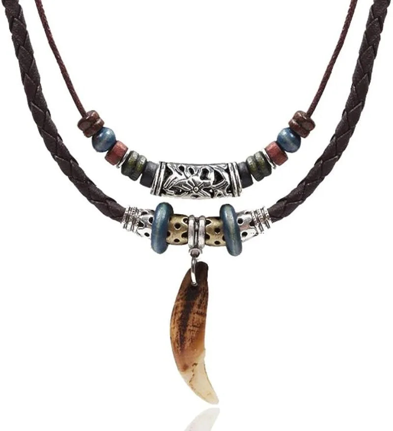 Braided Leather Cross Teeth Pendant Necklace Jewelry