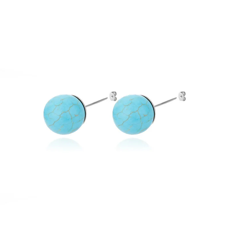 1 Pair Natural Stone Stud Earrings For Women Men Round Turquoises Tiger Eye Lapis Lazuli Beads Earring Fashion Jewelry Gift - Charlie Dolly