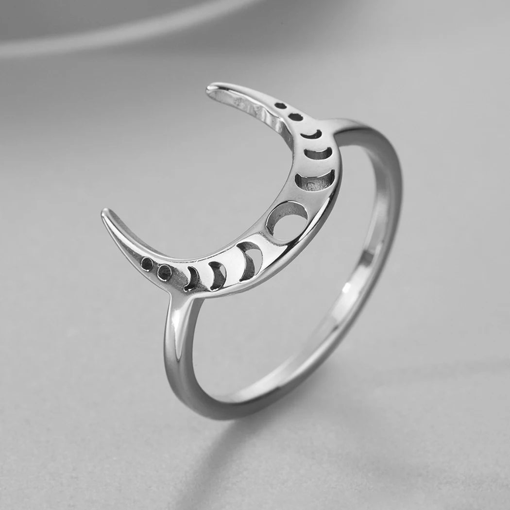 Moon Phase Band Ring, Stainless Steel Celestial Witchy Amulet