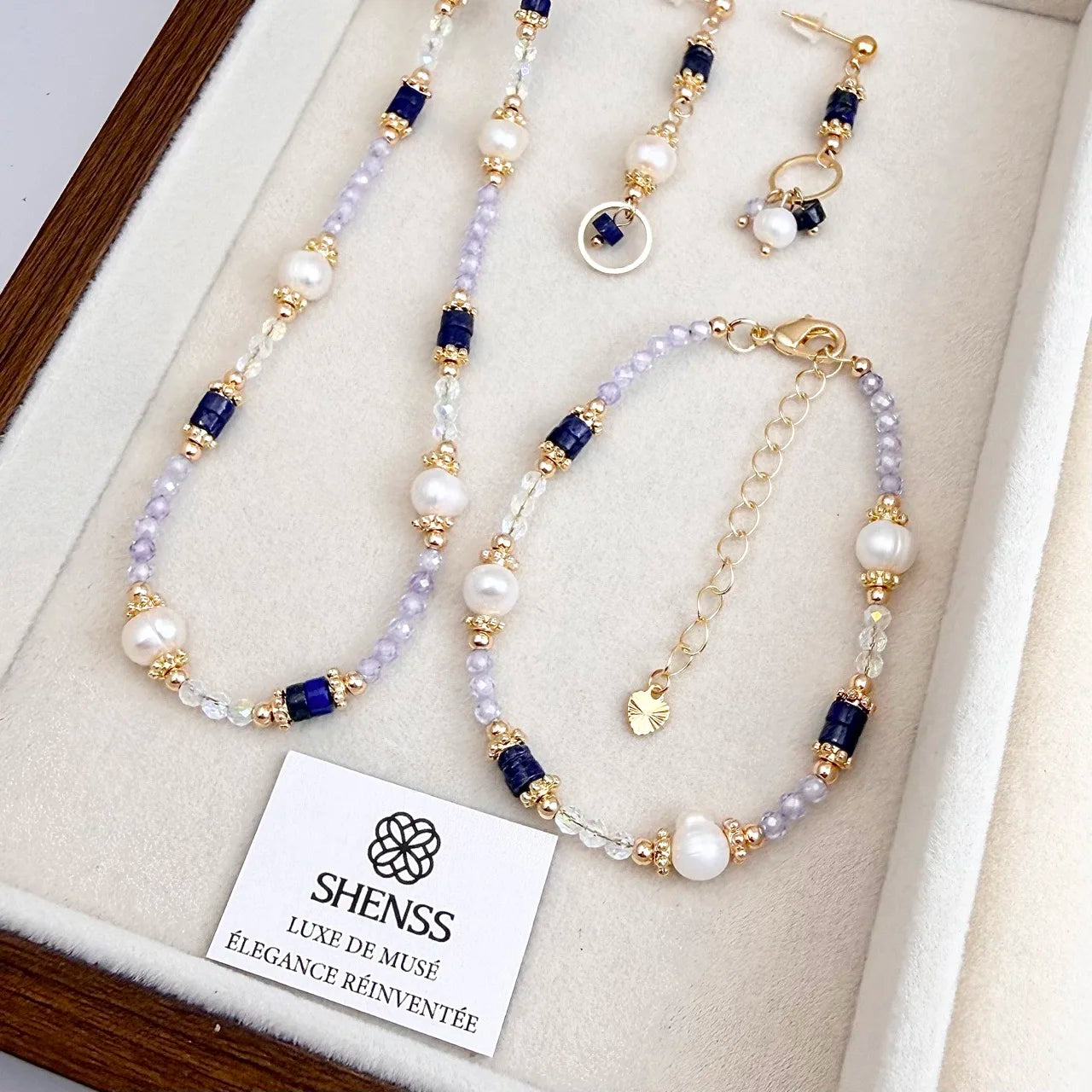 Lapis Lazuli Lavender Crystal Zircon & Freshwater Pearl Jewelry Set Necklace Bracelet Earrings 3 Piece Set Luxury High-End Style - Charlie Dolly