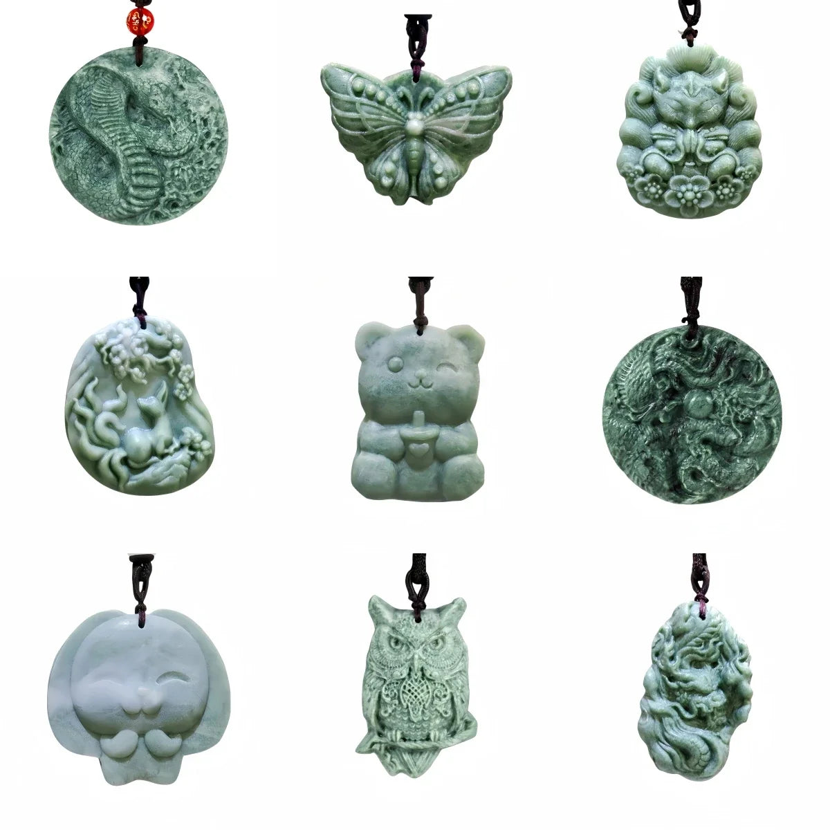 Dark Green Jade Dragon Fox & Owl Pendant Necklace, Carved Amulet Zodiac Talisman